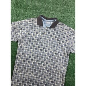 VTG Bugle Boy Company Mens Blue Fish Print Polo Shirt Short Sleeve Medium